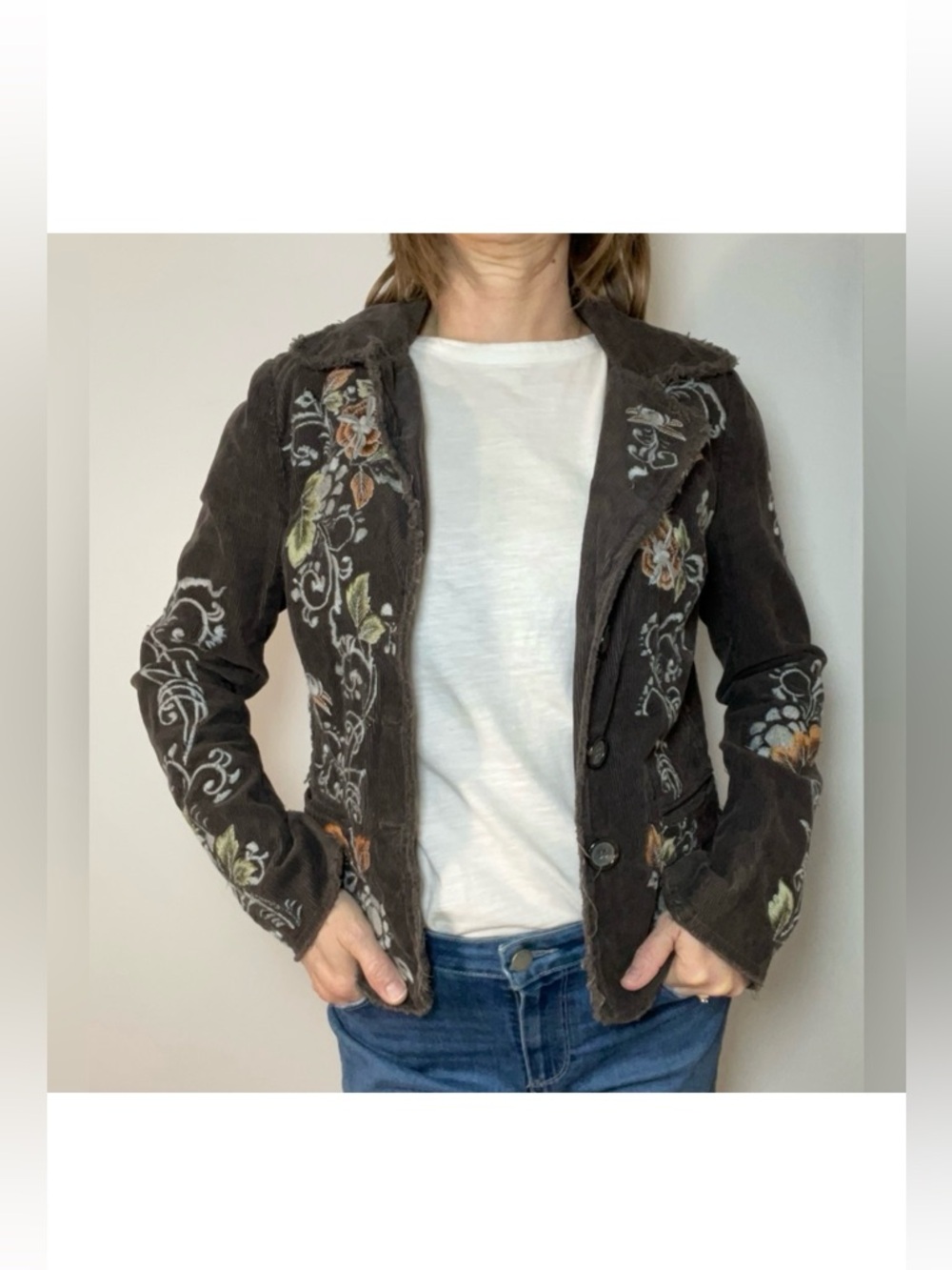 Johnny Was Corduroy Embroidered Floral Jacket, Brown, Women’s Small